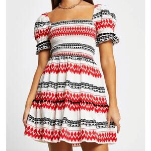 En Creme Boho Puffy Sleeve Smocked Pom Pom Trims Tribal Print Mini Dress